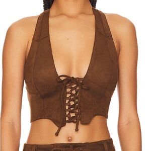 AFRM Revolve Ingrid Top Mocha Brown Suede Halter Crop Top Size Small MSRP 98.00
